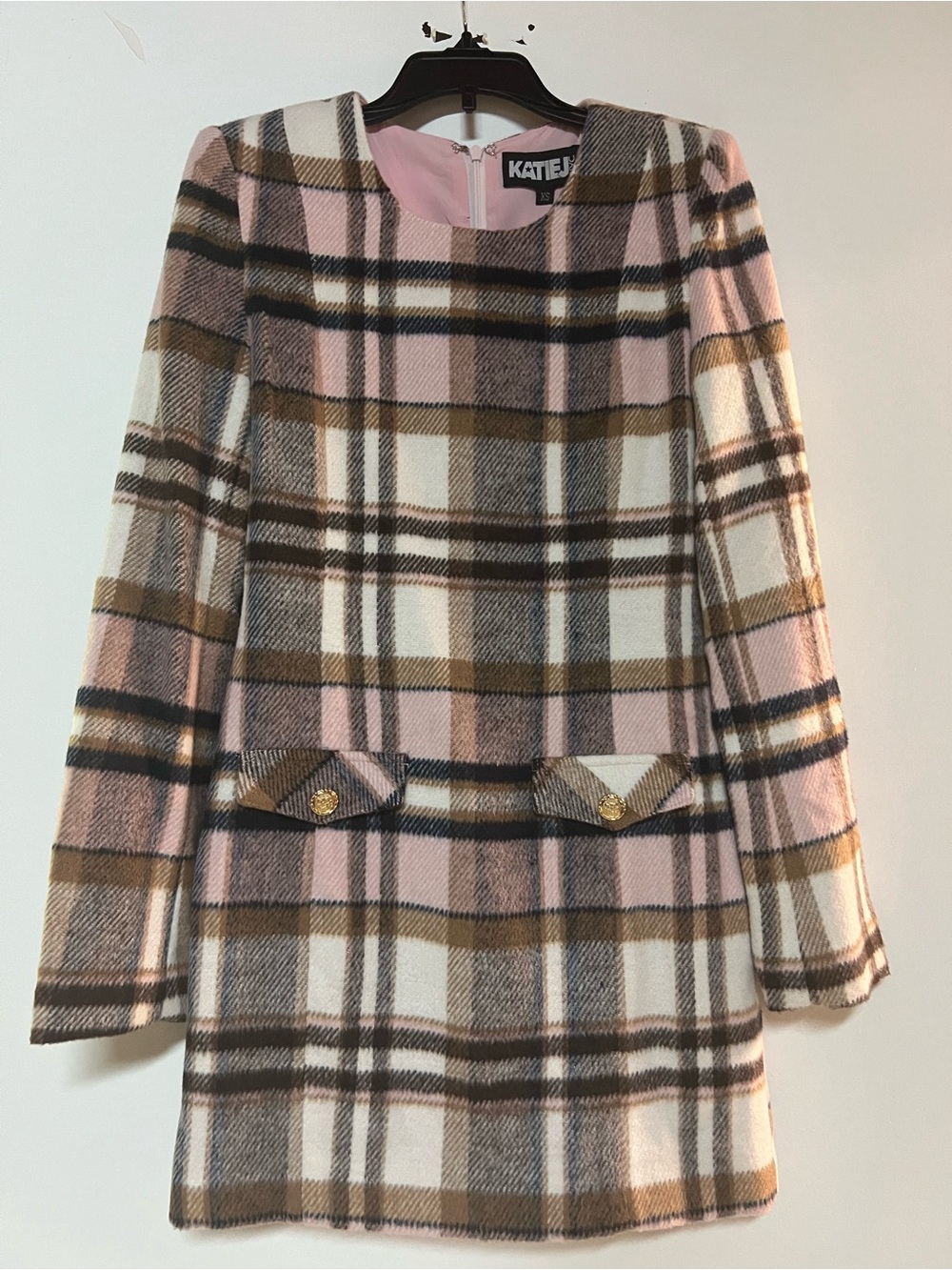 KatieJ NYC Pink Brown Plaid Button Front Pocket Dress XS NWT